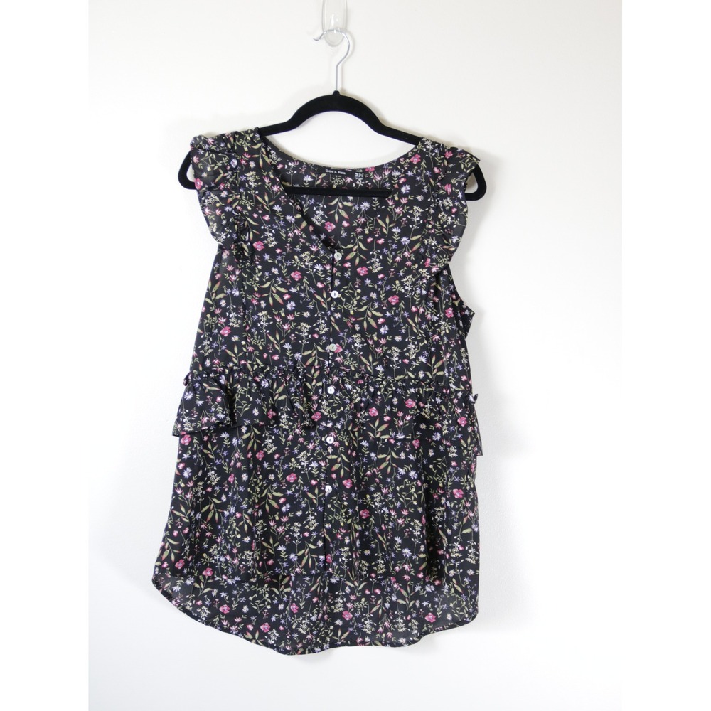 Doe &‎ Rae Black Floral Ruffle Peplum Sleeveless Button Front V-Neck Blouse Top